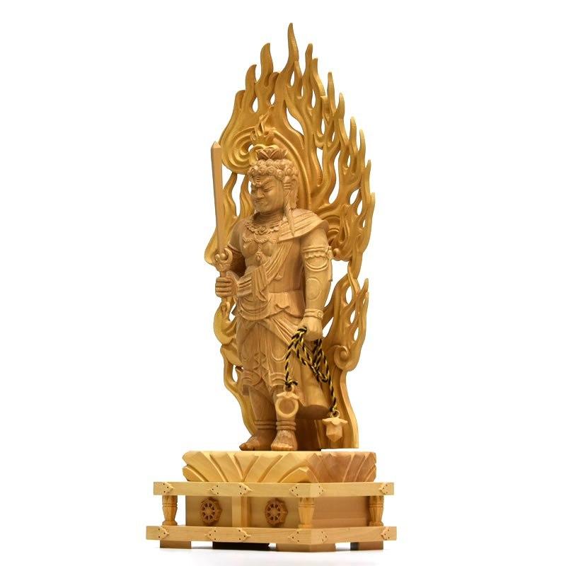 木彫り仏像 【不動明王立像】 火炎光背四角台 柘植 立4.0寸 総高約23.5