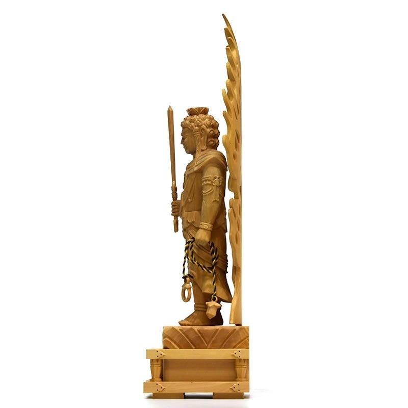 木彫り仏像 【不動明王立像】 火炎光背四角台 柘植 立4.0寸 総高約23.5