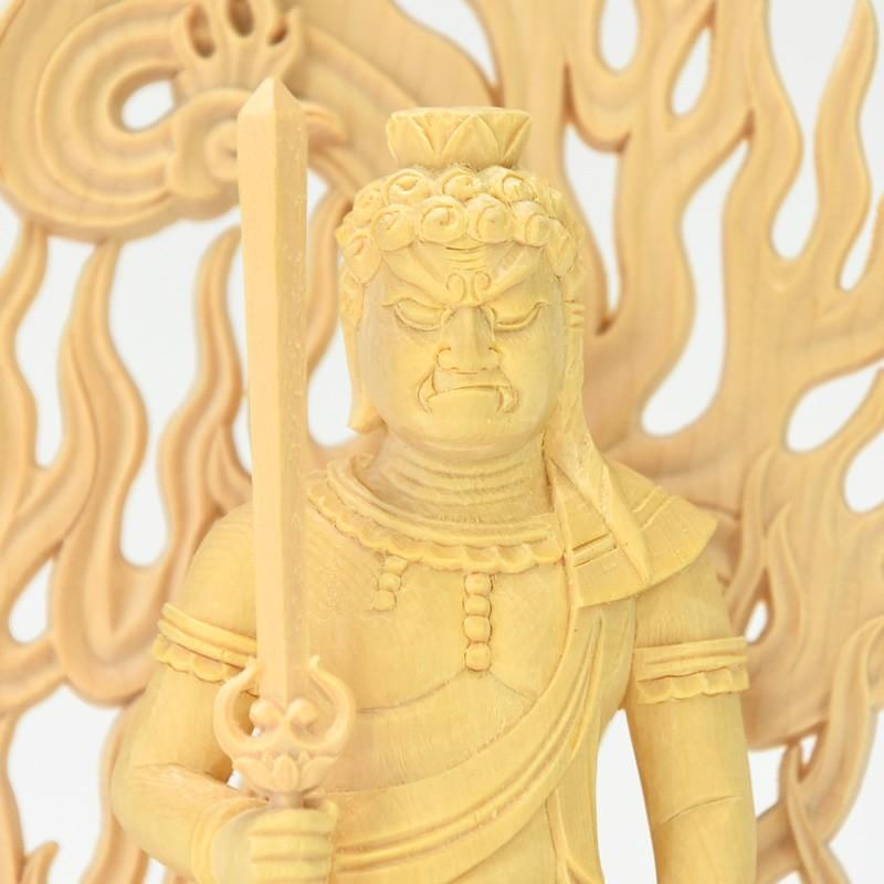 木彫り仏像 【不動明王立像】 桧木 火炎光背四角台 立4.0寸 総高