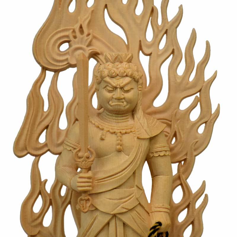 木彫り仏像 【不動明王立像】 桧木 火炎光背四角台 立4.0寸 総高24cm