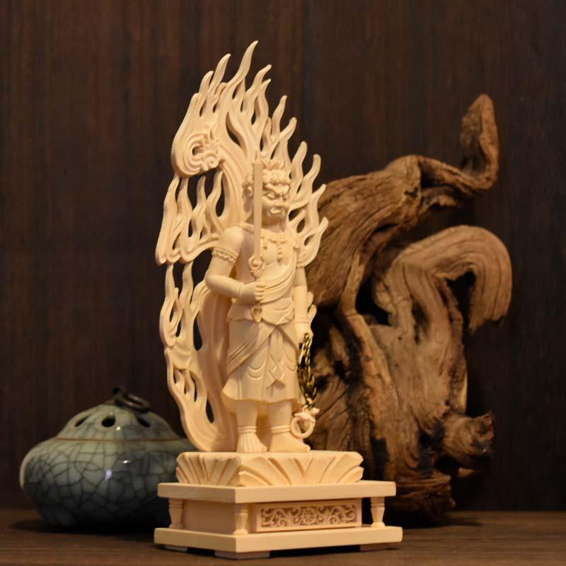 木彫り仏像 【不動明王立像】 桧木 火炎光背四角台 立4.0寸 総高24cm