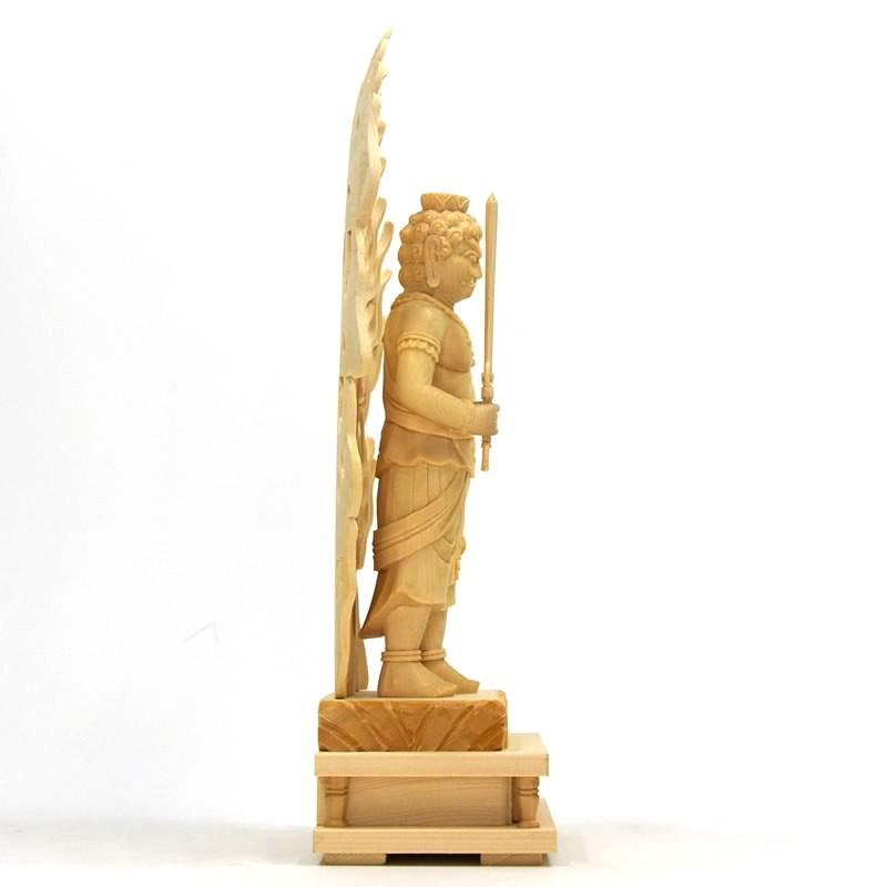 木彫り仏像 【不動明王立像】 桧木 火炎光背四角台 立5.0寸 お