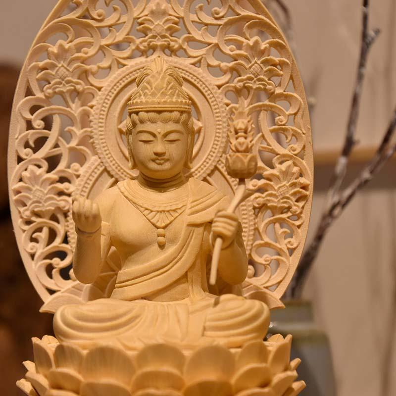 木彫り仏像 干支お守り本尊-辰年・巳年 【普賢菩薩】 唐草光背白象台座