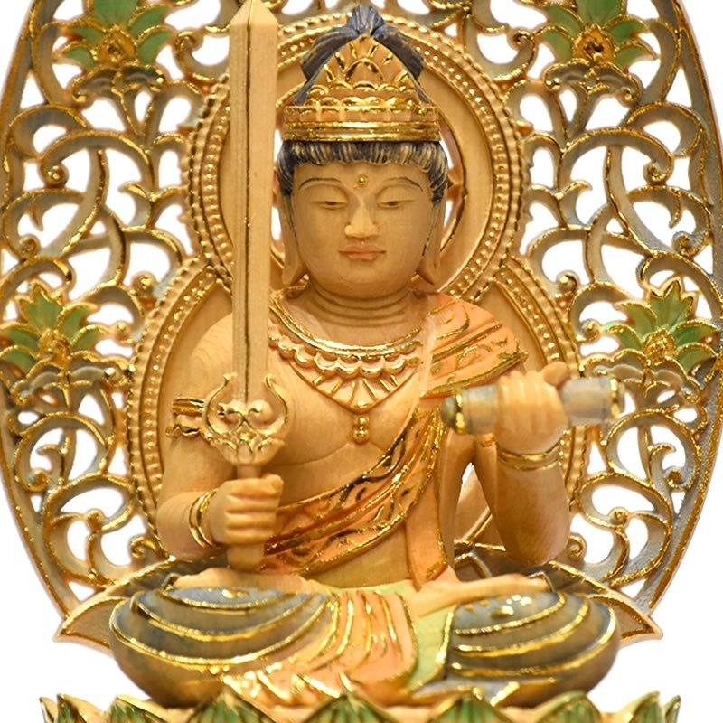 木彫り仏像 桧木 干支お守り本尊−卯年 【文殊菩薩】 淡彩切金 : 海宇