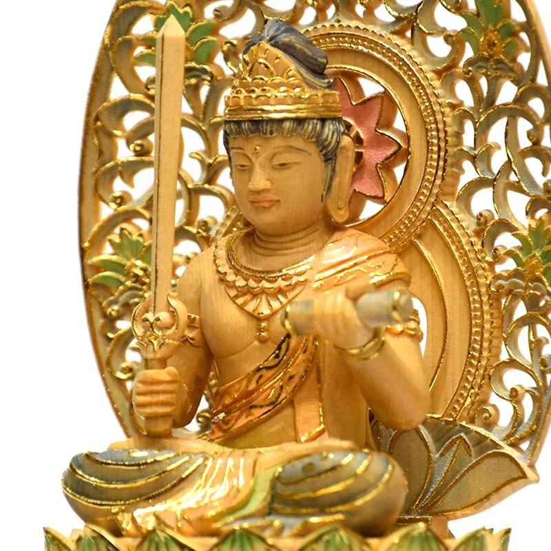 木彫り仏像 桧木 干支お守り本尊−卯年 【文殊菩薩】 淡彩切金 : 海宇