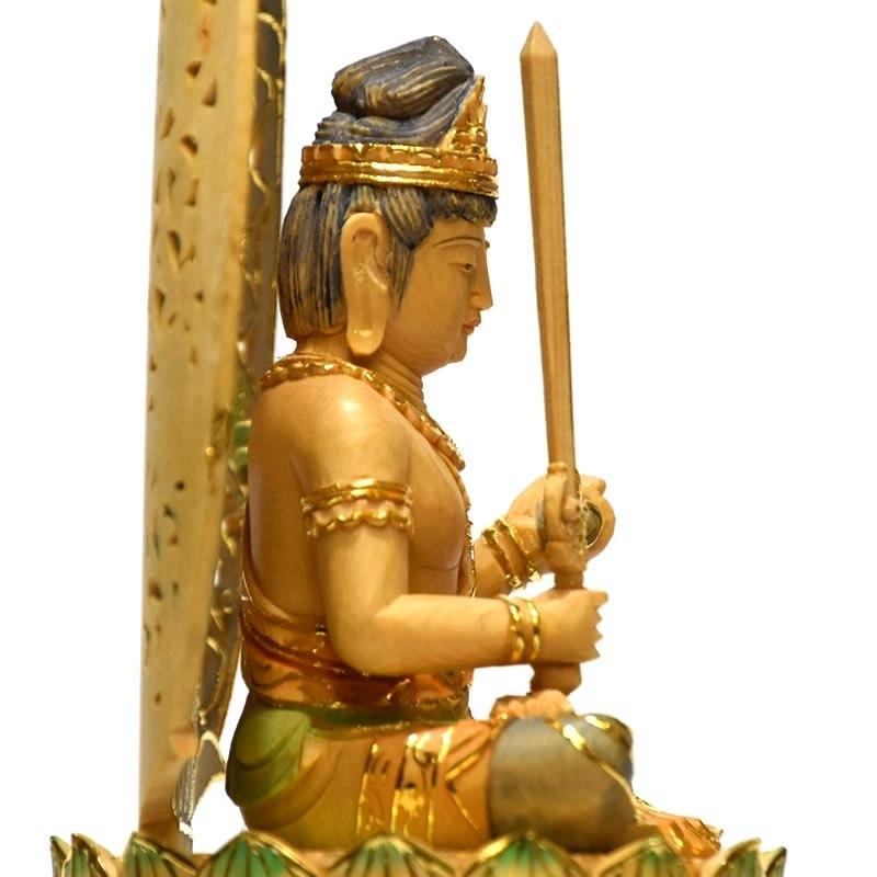 木彫り仏像 桧木 干支お守り本尊−卯年 【文殊菩薩】 淡彩切金 : 海宇