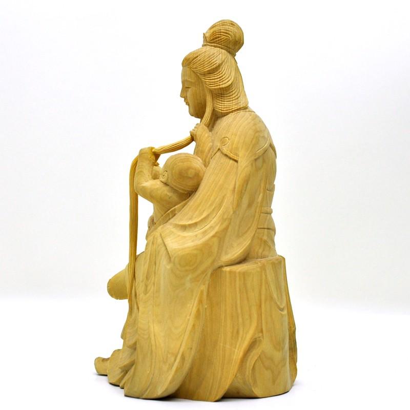 木彫り仏像 柘植【園城寺形訶梨帝母（鬼子母神）倚像】 高約16cm 模造