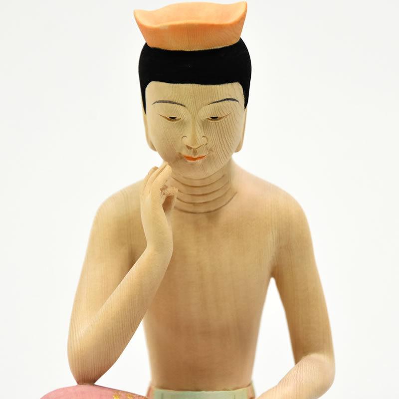 木彫仏像 広隆寺形【弥勒菩薩半跏思惟像】 桧木 淡彩色 総高20cm : 海