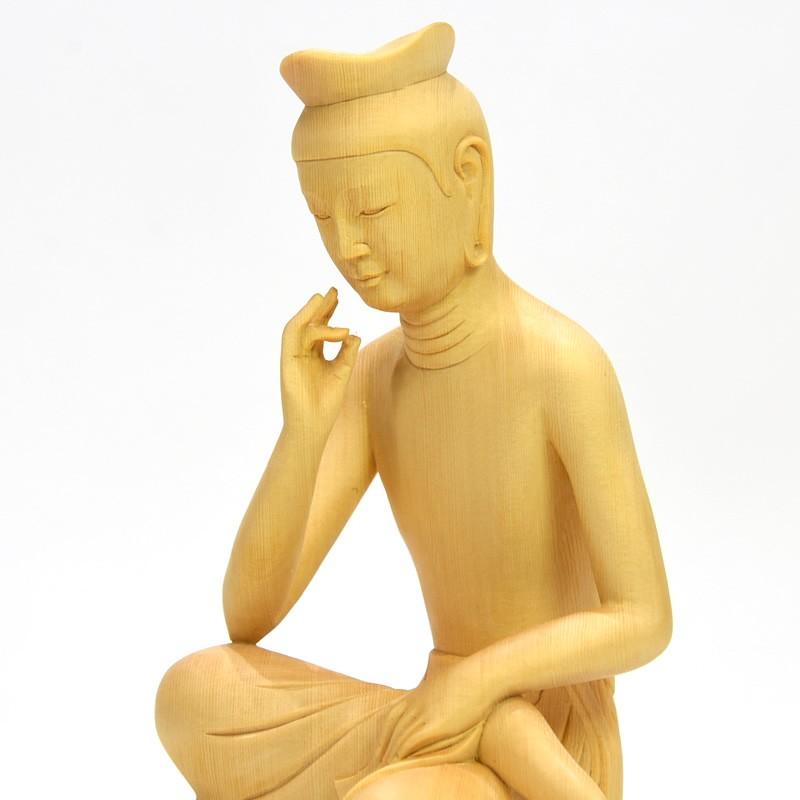 木彫仏像　広隆寺形【弥勒菩薩半跏思惟像】　桧木　総高約30cm