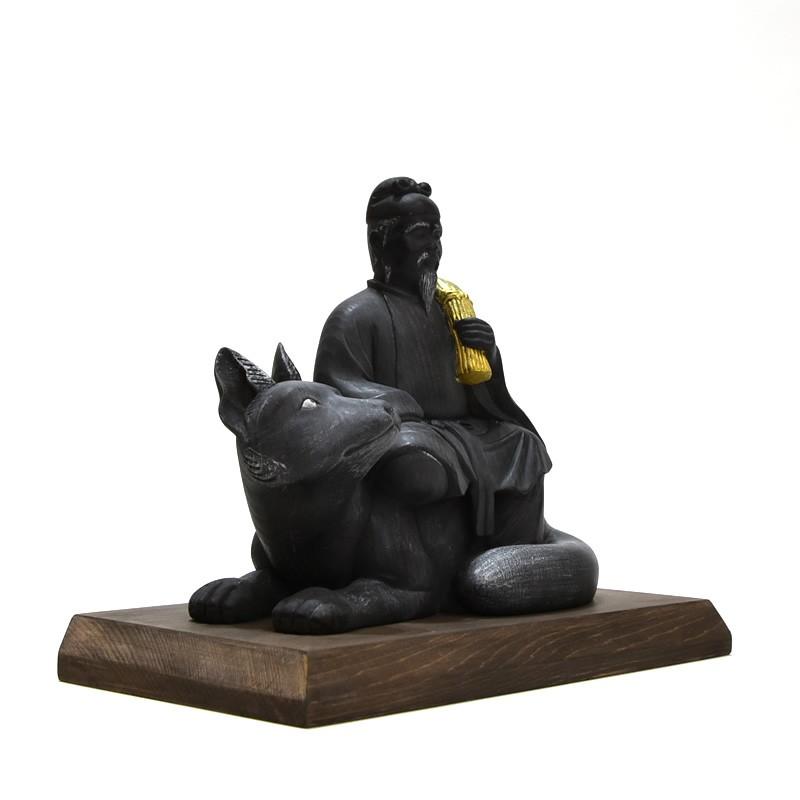 木彫り神像 桧木【稲荷神】 時代色仕上げ 本体高さ13.5cm 「宇迦之御魂