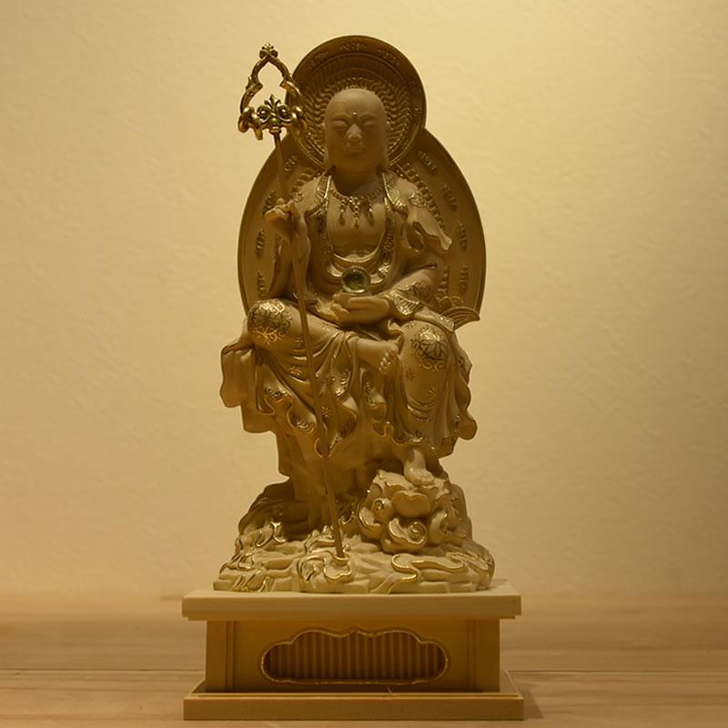 木製彫刻 　お地蔵様　仏像 木彫り仏像 【地蔵菩薩半跏像】 桧木 坐2.5寸 切金 総高20.5cm : 海宇