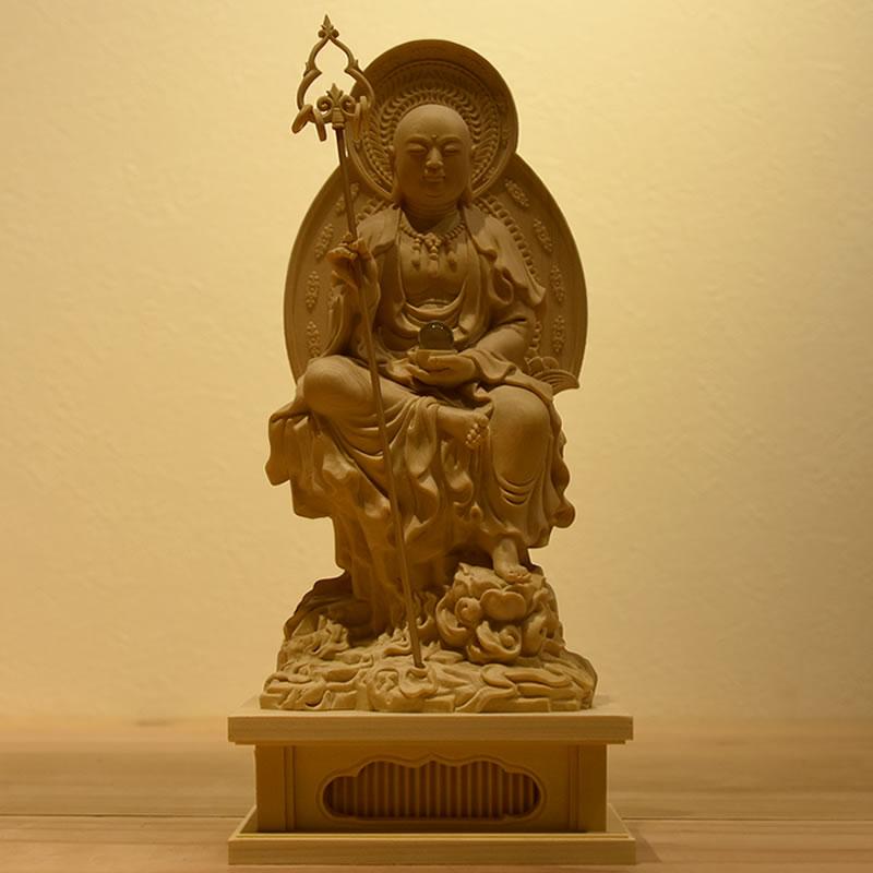 木彫り仏像 【地蔵菩薩半跏像】 桧木 坐2.5寸 木地 総高20.5cm : 海宇