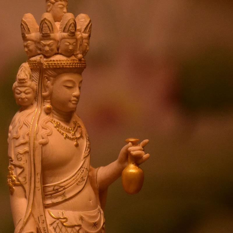 木彫り仏像 向源寺形【十一面観音菩薩立像】 桧木 立5.0寸 金泥 木彫り仏像 向源寺形【十一面観音菩薩立像】 桧木 立5.0寸 金泥