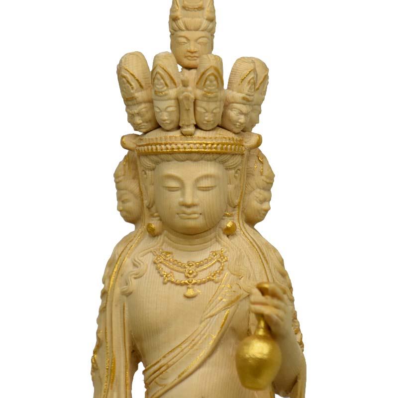 木彫り仏像 桧木│向源寺形十一面観音菩薩│立5.0寸│金泥書│総丈26.5