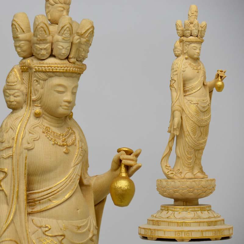 木彫り仏像 桧木│向源寺形十一面観音菩薩│立5.0寸│金泥書│総丈26.5