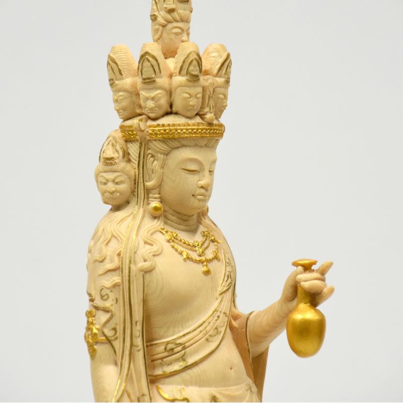 木彫り仏像 向源寺形【十一面観音菩薩立像】 桧木 立5.0寸 金泥