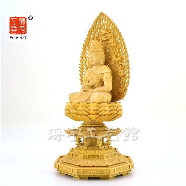 ☆木彫り仏像 【弥勒菩薩】 柘植飛天光背八角台 坐2.5寸 総高