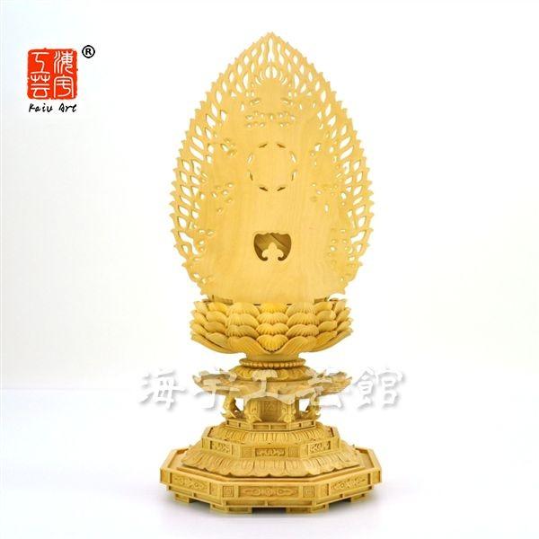 ☆木彫り仏像 【弥勒菩薩】 柘植飛天光背八角台 坐2.5寸 総高26cm : 海