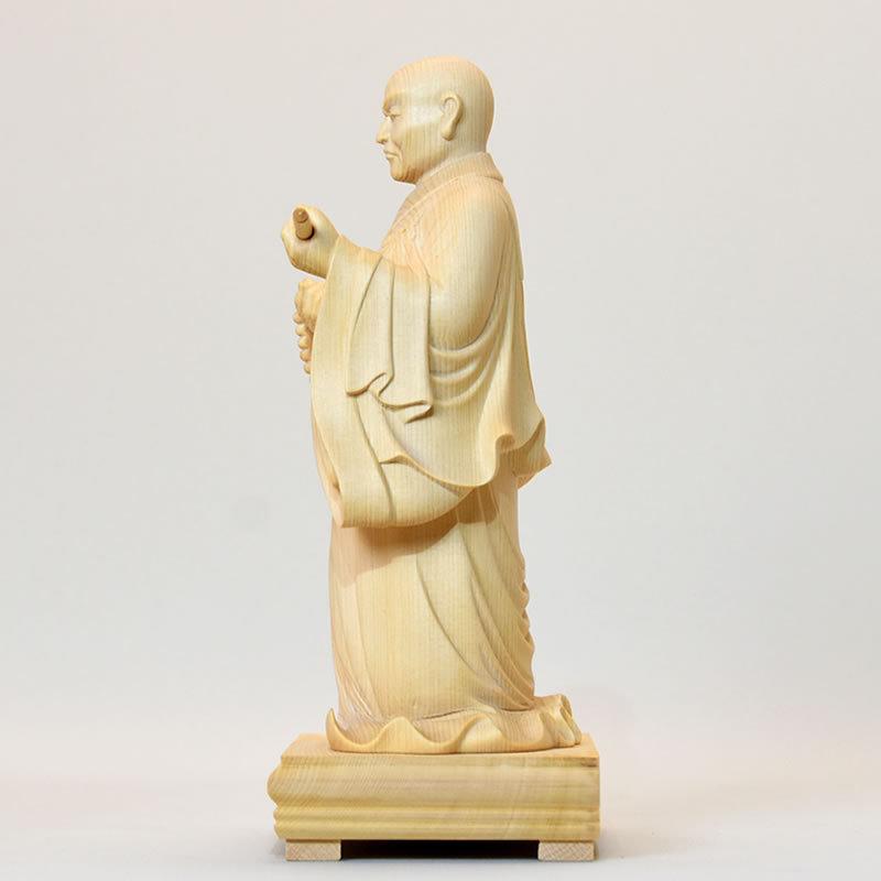 木彫り仏像 【日蓮聖人（日蓮上人）立像】 桧木（ヒノキ） 総丈24.5cm