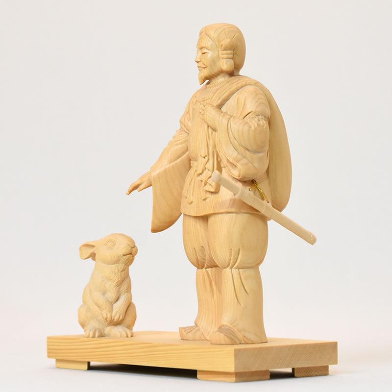 木彫り仏像 【大国主命と因幡の白兎】 桧木 総高17.8cm : 海宇