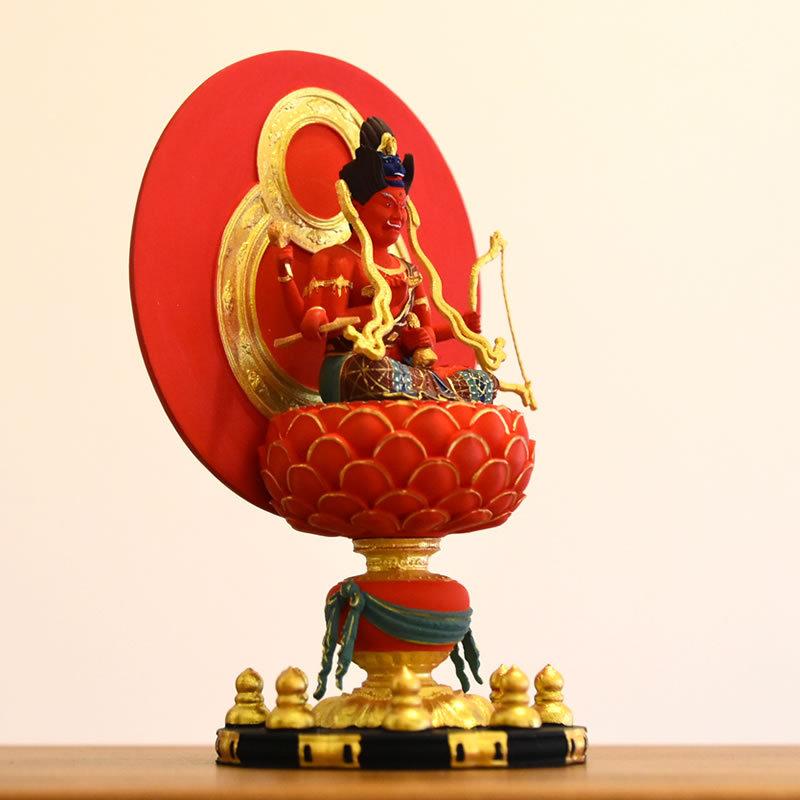 木彫り仏像-小仏 守護神【愛染明王】 柘植 極彩色 総高11.6cm ※桐箱
