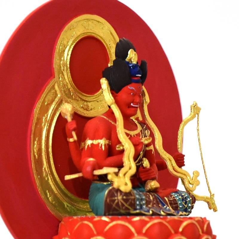 木彫り仏像-小仏 守護神【愛染明王】 柘植 極彩色 総高11.6cm ※桐箱