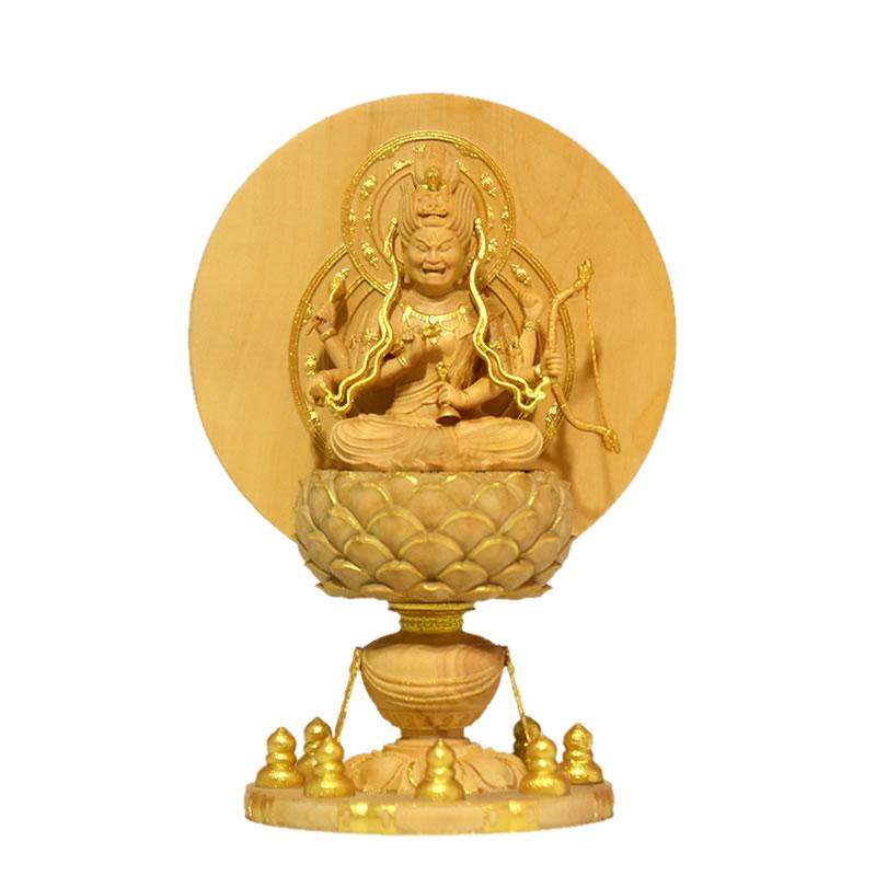 木彫り仏像-小仏 守護神【愛染明王】 柘植金泥仕様 総高11.6cm ※桐箱