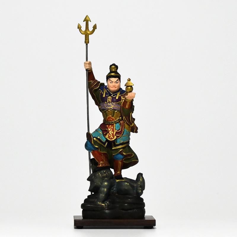 木彫り 仏像-小仏 【毘沙門天像】 柘植（ツゲ）彩色（古美色） ※桐箱