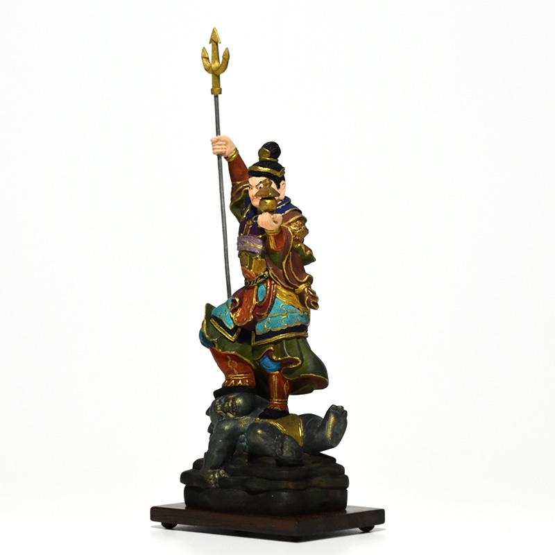 木彫り 仏像-小仏 【毘沙門天像】 柘植（ツゲ）彩色（古美色） ※桐箱