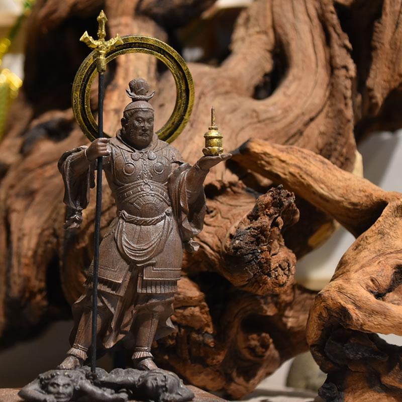 木彫り仏像-小仏 願成就院形【毘沙門天立像】 柘植 古美色 : 海宇工芸 