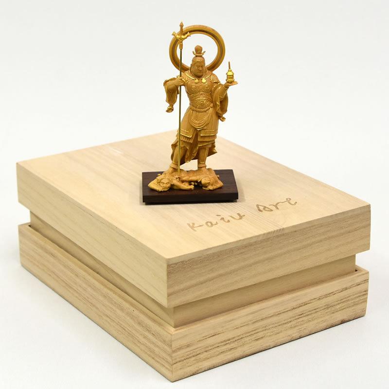 木彫り仏像-小仏 願成就院形【毘沙門天立像】 柘植 金泥仕様 総丈11.5