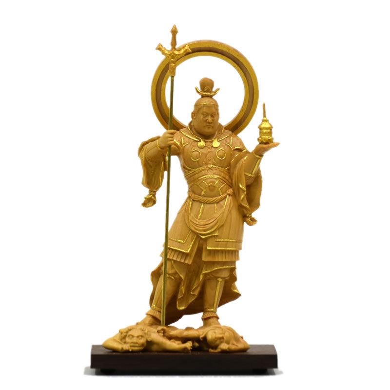 木彫り仏像-小仏 願成就院形【毘沙門天立像】 柘植 金泥仕様 総丈11.5