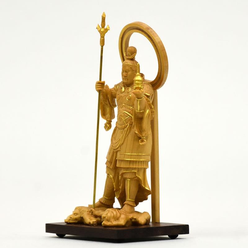 木彫り仏像-小仏 願成就院形【毘沙門天立像】 柘植 金泥仕様 総丈11.5
