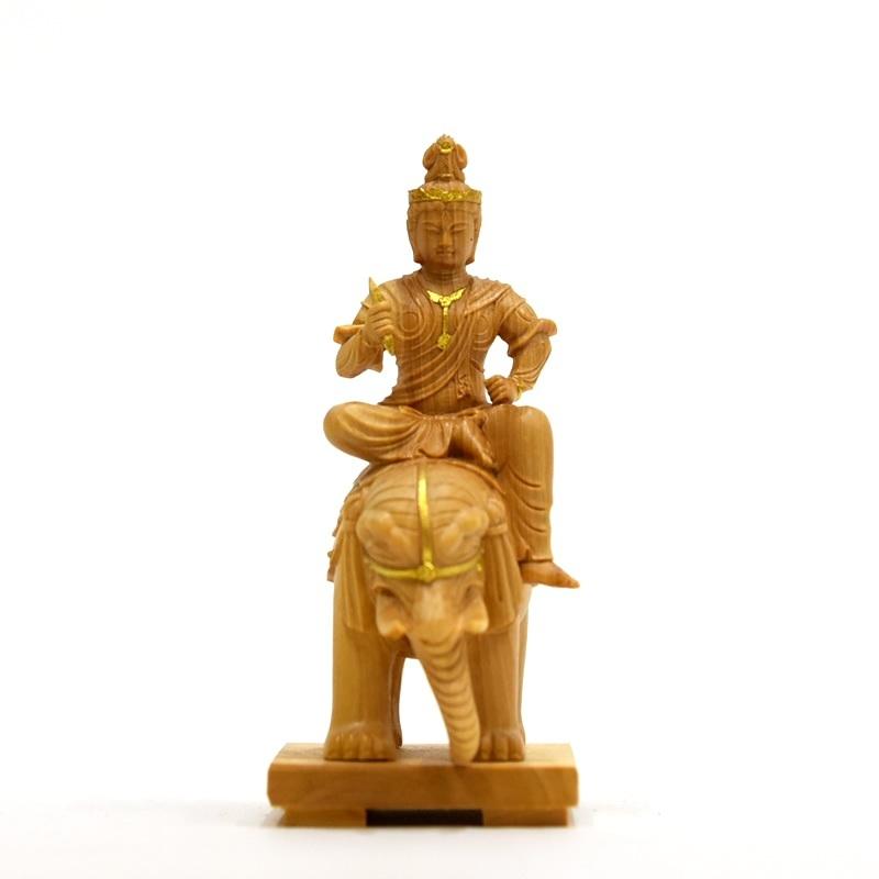 木彫り仏像-小仏 【梵天・帝釈天騎象像】セット 柘植金泥仕様 高さ10.2