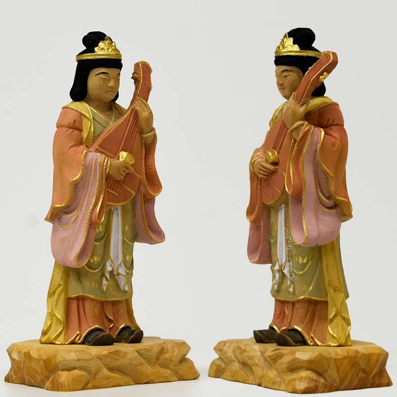 木彫り仏像−小仏 【弁財天】（弁才天）立像 柘植 淡彩色 ※桐箱入れ