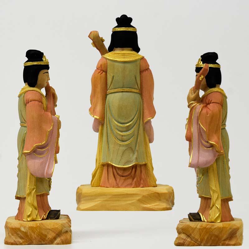 木彫り仏像−小仏 【弁財天】（弁才天）立像 柘植 淡彩色 ※桐箱入れ