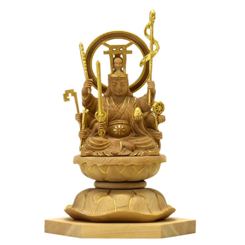 最終値下げ新彫り　特価　美しい仏像です◆金運ヒバ材 弁財天◆秘部バチ付き２８cm 木彫り仏像 小仏-【宇賀八臂弁財天（弁才天）】柘植 金泥仕様 : 海宇
