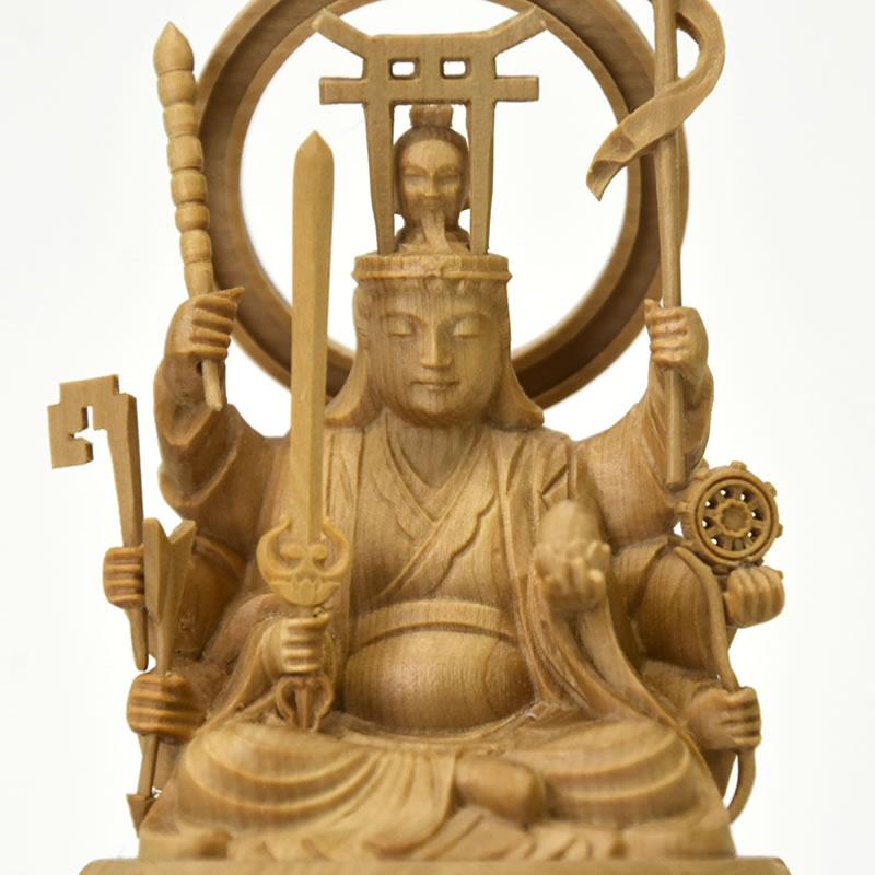 木彫り仏像 │【小仏】│宇賀八臂弁財天（弁才天）│柘植 木地色 総高