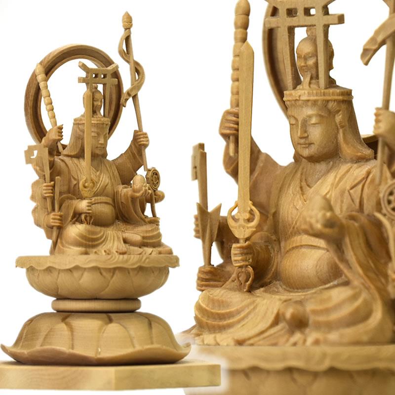 木彫り仏像 │【小仏】│宇賀八臂弁財天（弁才天）│柘植 木地色 総高