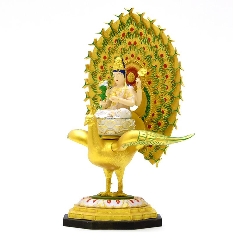 木彫り仏像-小仏 【孔雀明王】 柘植 極彩色 総高17.5cm ※桐箱付き : 海