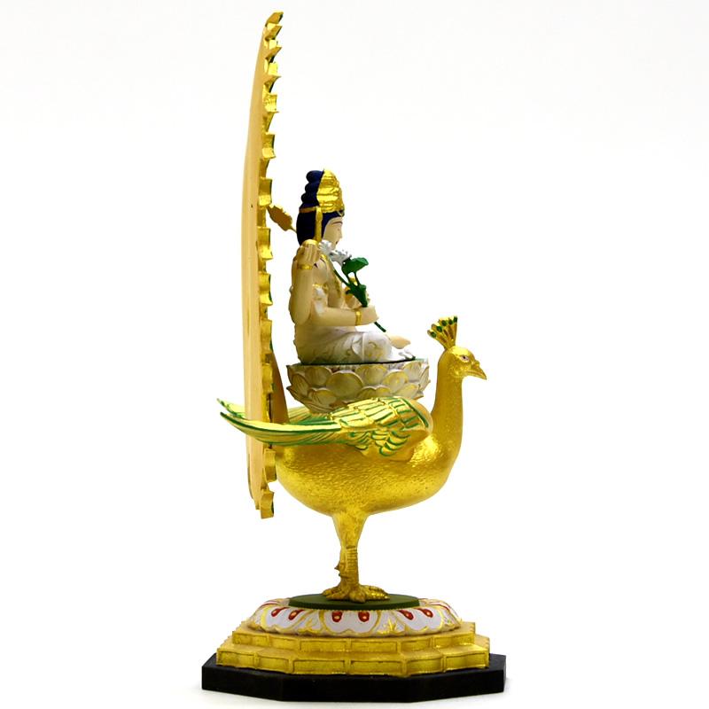 木彫り仏像-小仏 【孔雀明王】 柘植 極彩色 総高17.5cm ※桐箱付き : 海