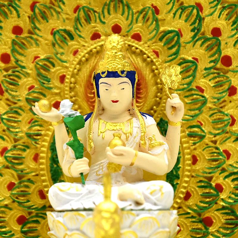 木彫り仏像-小仏 【孔雀明王】 柘植 極彩色 総高17.5cm ※桐箱付き : 海