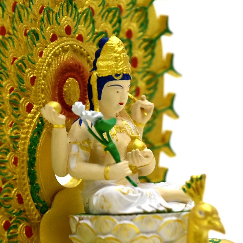 木彫り仏像-小仏 【孔雀明王】 柘植 極彩色 総高17.5cm ※桐箱付き : 海