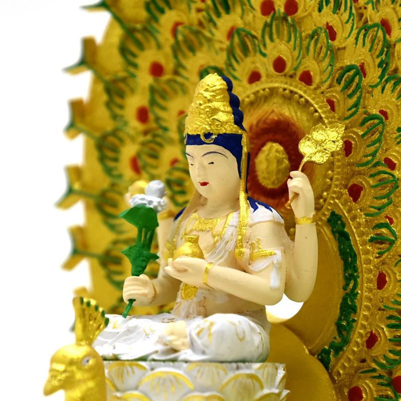 木彫り仏像-小仏 【孔雀明王】 柘植 極彩色 総高17.5cm ※桐箱付き : 海