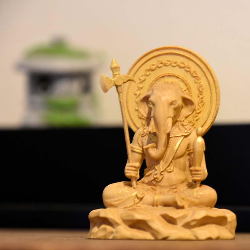 木彫り 仏像 【小仏】柘植歓喜天（聖天）単身坐像 金泥 総高5.8cm ※桐