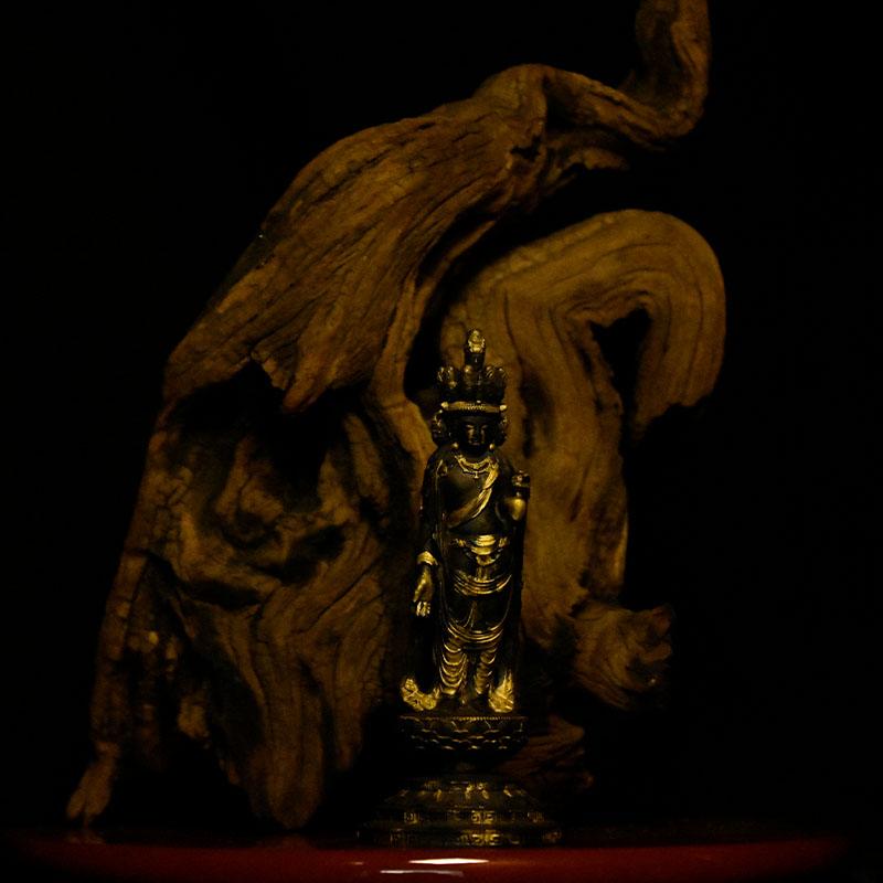 木彫り仏像-小仏 柘植向源寺形【十一面観音菩薩立像】 古美色 総高12.5