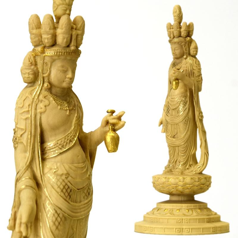 木彫り仏像-小仏 柘植向源寺形【十一面観音菩薩立像】 金泥仕様