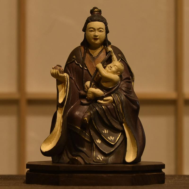 木彫仏像-小仏 園城寺形【訶梨帝母（鬼子母神）倚像】 柘植 古美色