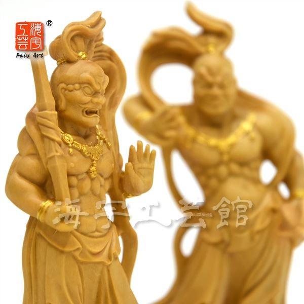 珍品 木彫り 仏像 仁王像 金剛力士像一式 彫刻 仏教工芸品 柘植材 柘植仁王像(金剛力士) 淡彩色 総高12cm 阿吽セット