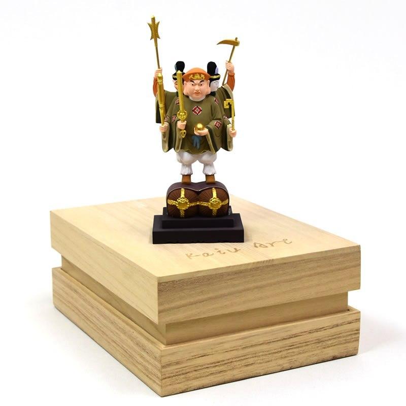 木彫り仏像 【小仏】柘植三面出世大黒天 極彩色 比叡山形三面